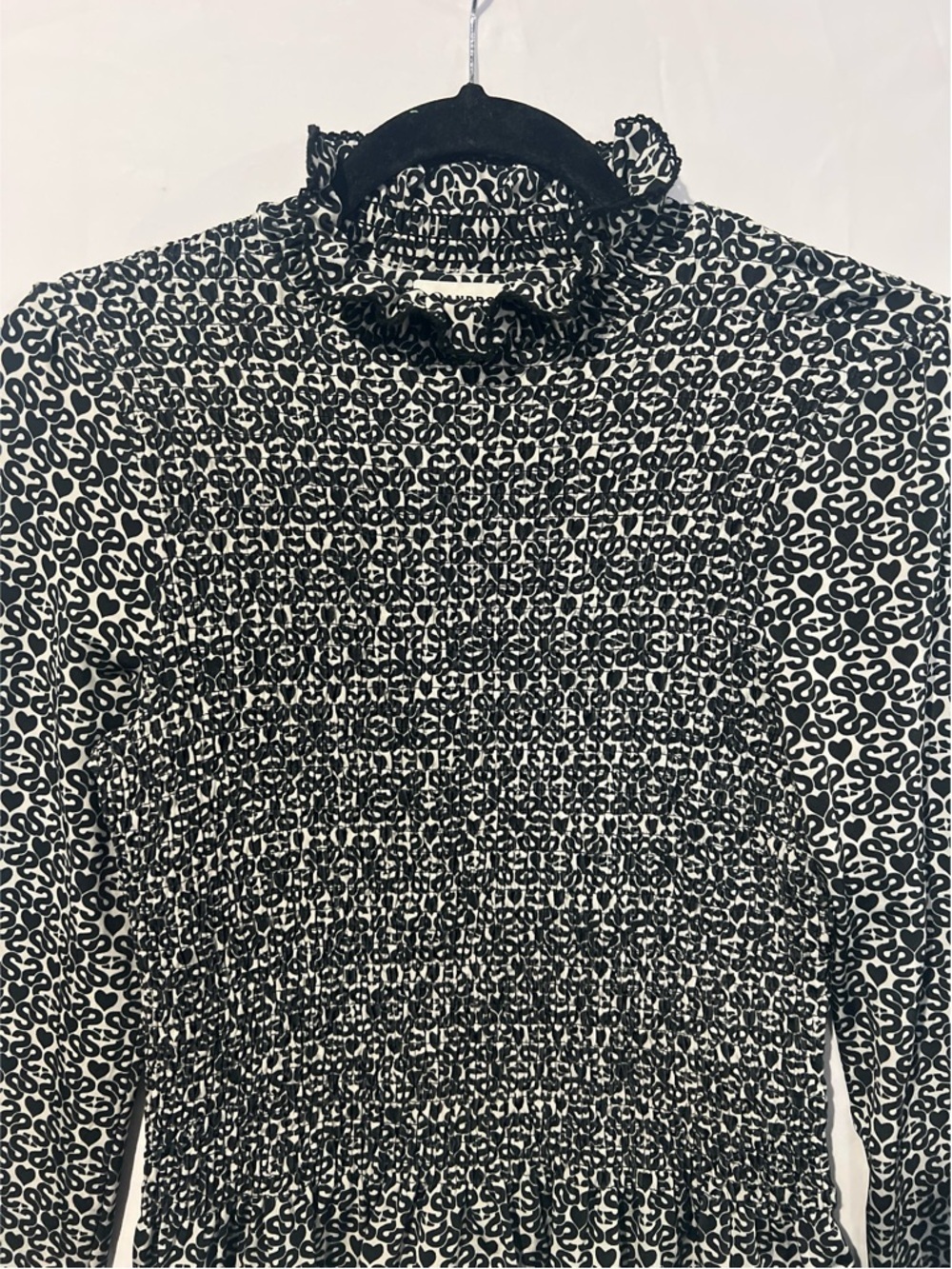 Sandro Blouse Women’s Size 0 Black Monogram Print Mockneck Smocked Top - Picture 4 of 16